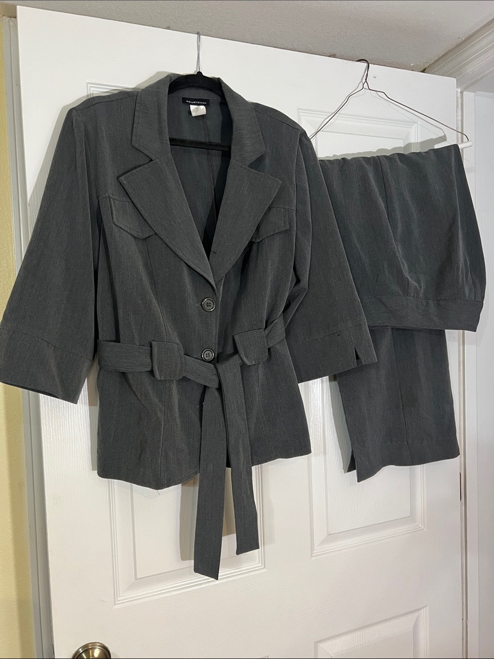 Courtenay Grey Pinstripe Pantsuit with Belted Jacket